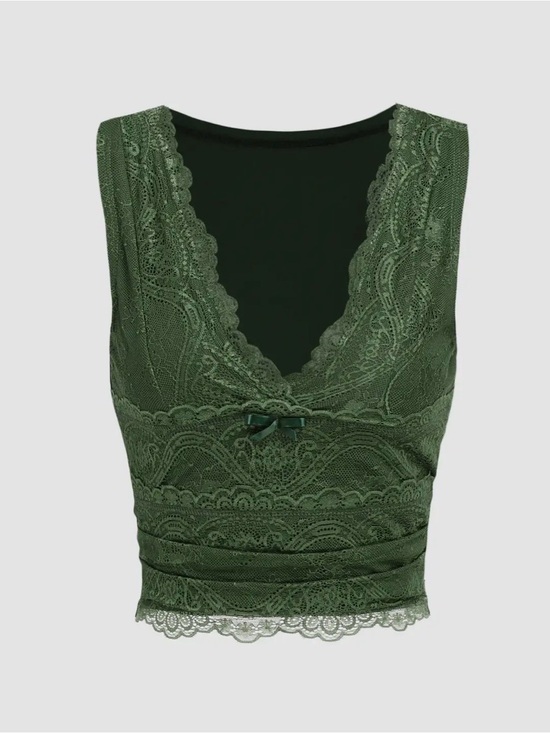 Cider Tops - Cider Olive Green Lace V-Neck Crop Tank Top Size L